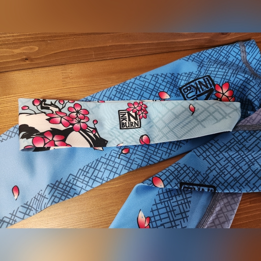 INKnBURN Sz Med Cherry Blossom Compression Sleeves Matching Headband Blue NWOT